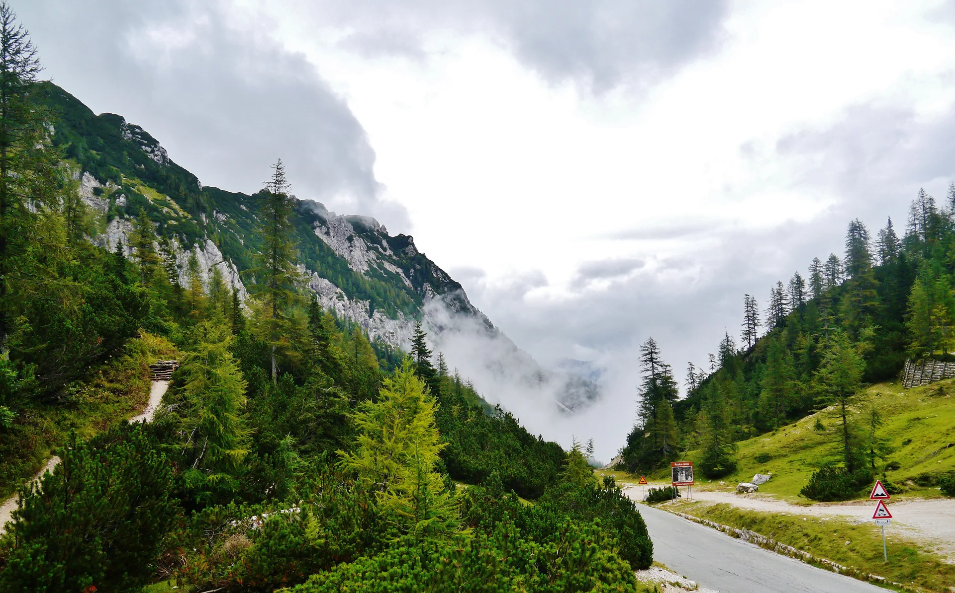 The mountain road climbing the Vršič Pass through the Julian Alps