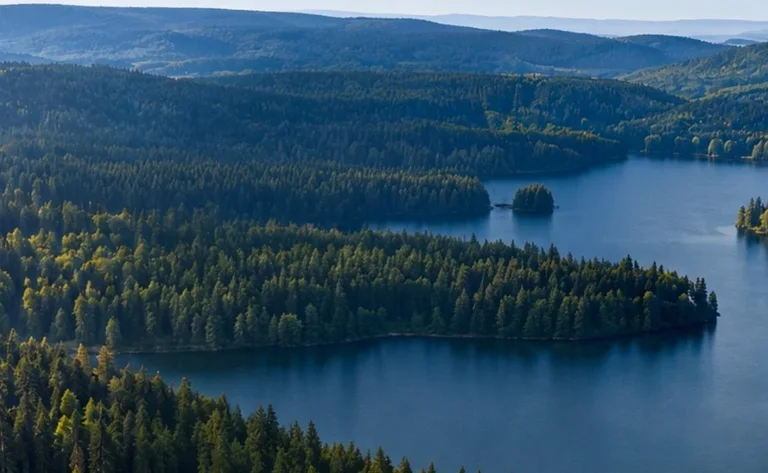 Aerial view of forest and a lake in the Jizera Mountains, near Montanie Resort