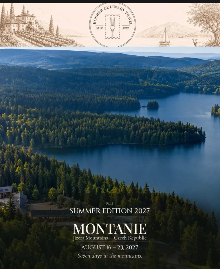 Montanie Resort seen from above, on a forested lake in the Jizera Mountains — KCT Summer Edition 2027, August 16-23