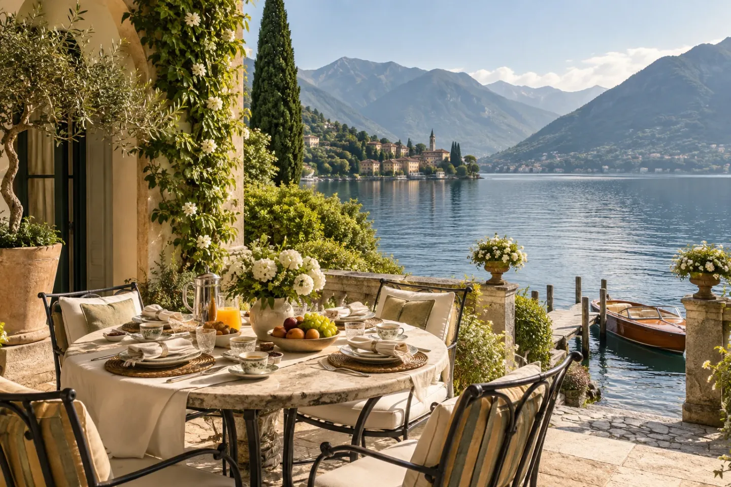 A private breakfast terrace overlooking an Italian lake and mountains