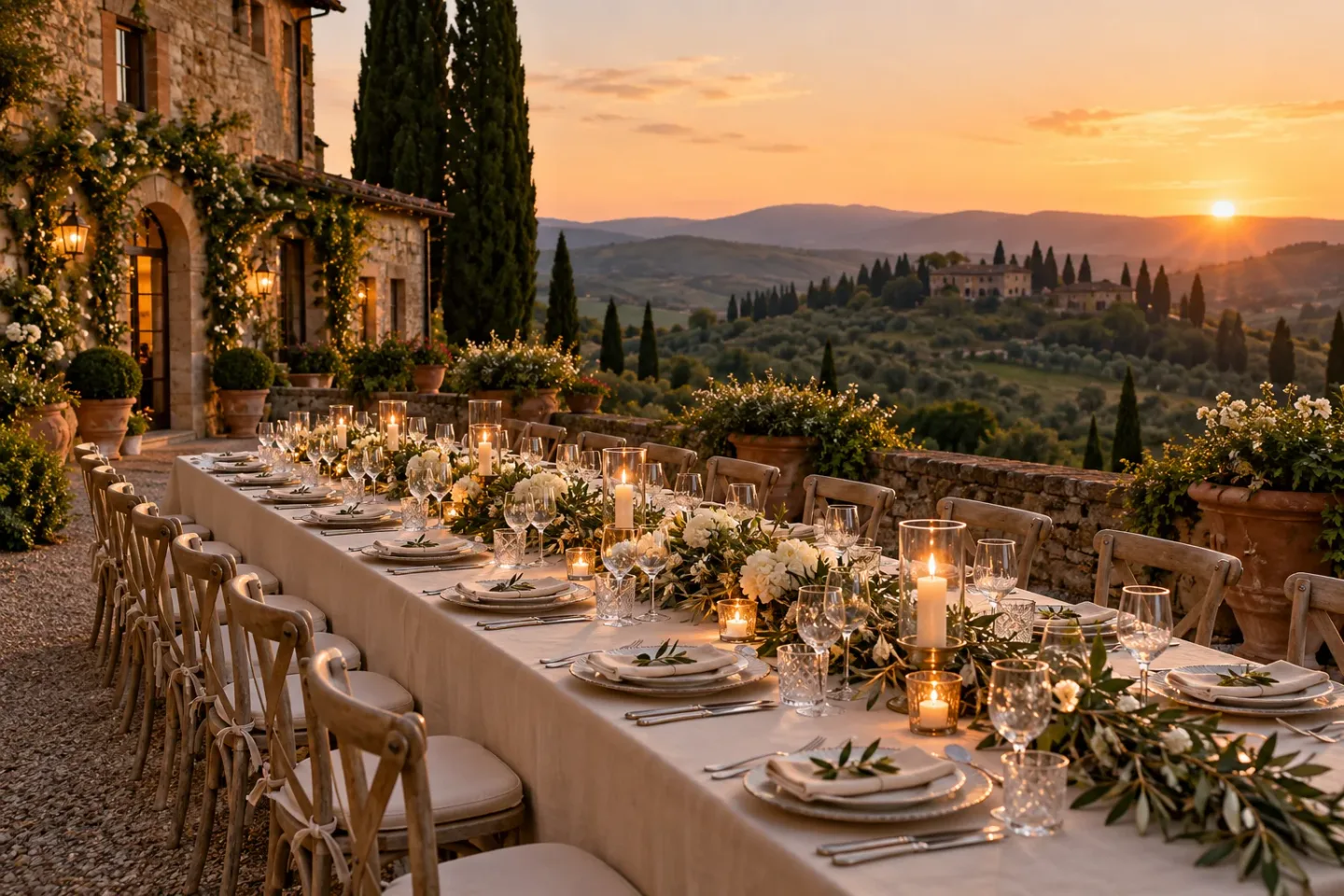 An elegantly set celebration table in a Tuscan villa garden at sunset