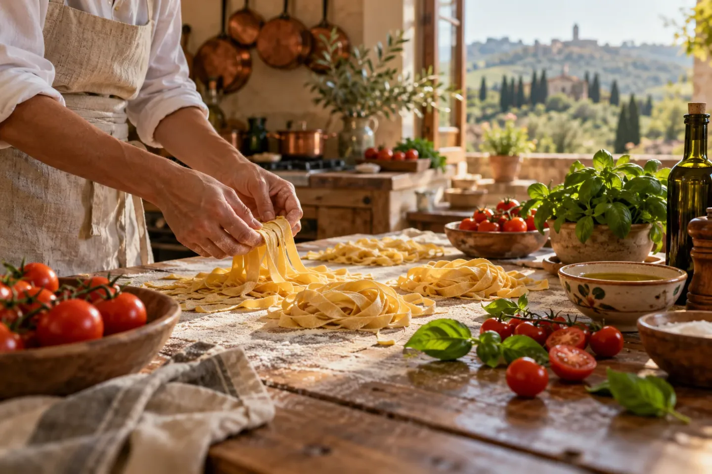 Fresh pasta being prepared with tomatoes and basil in an Italian villa kitchen