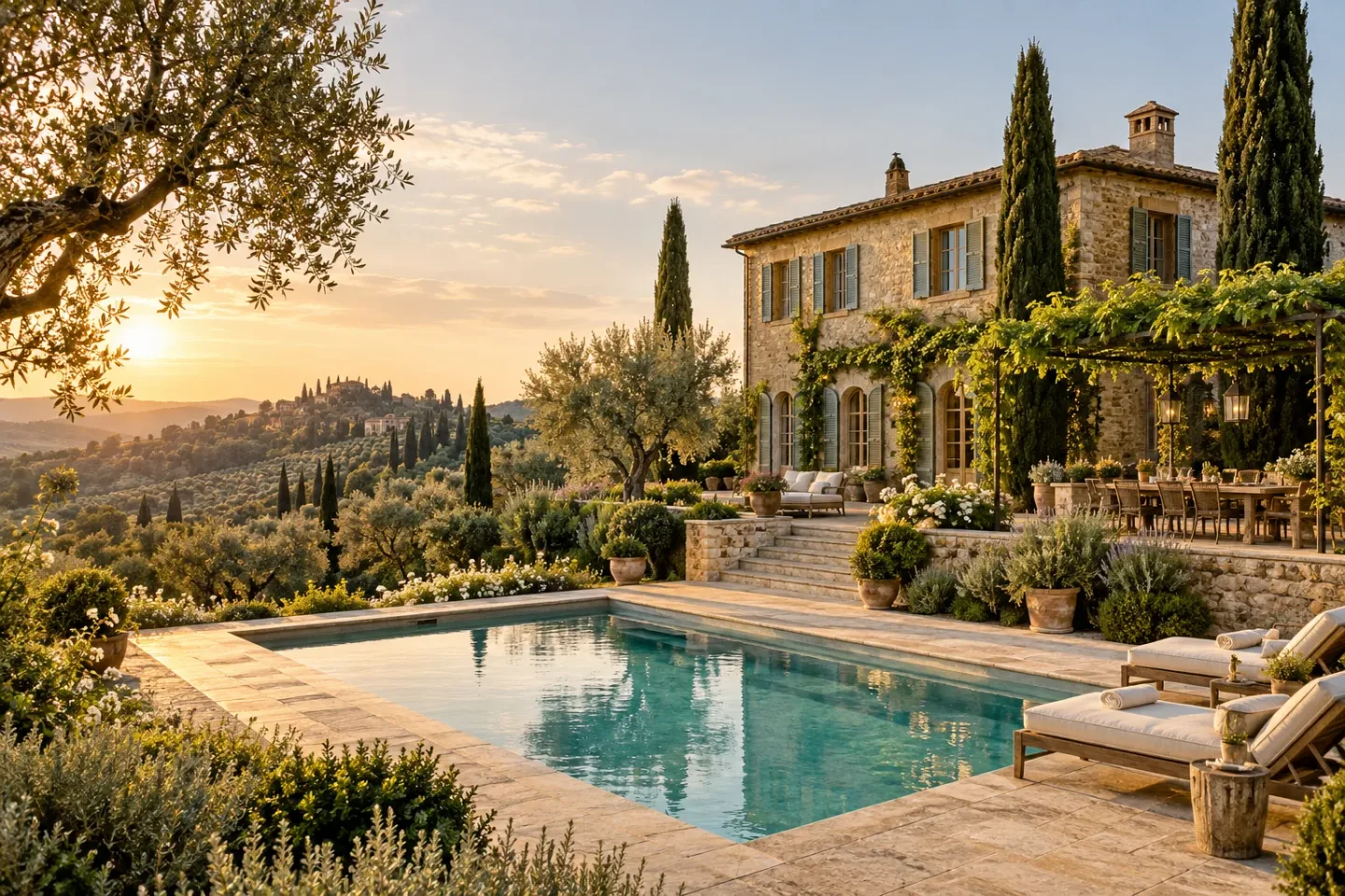 A Tuscan stone villa with a private pool, gardens and countryside views