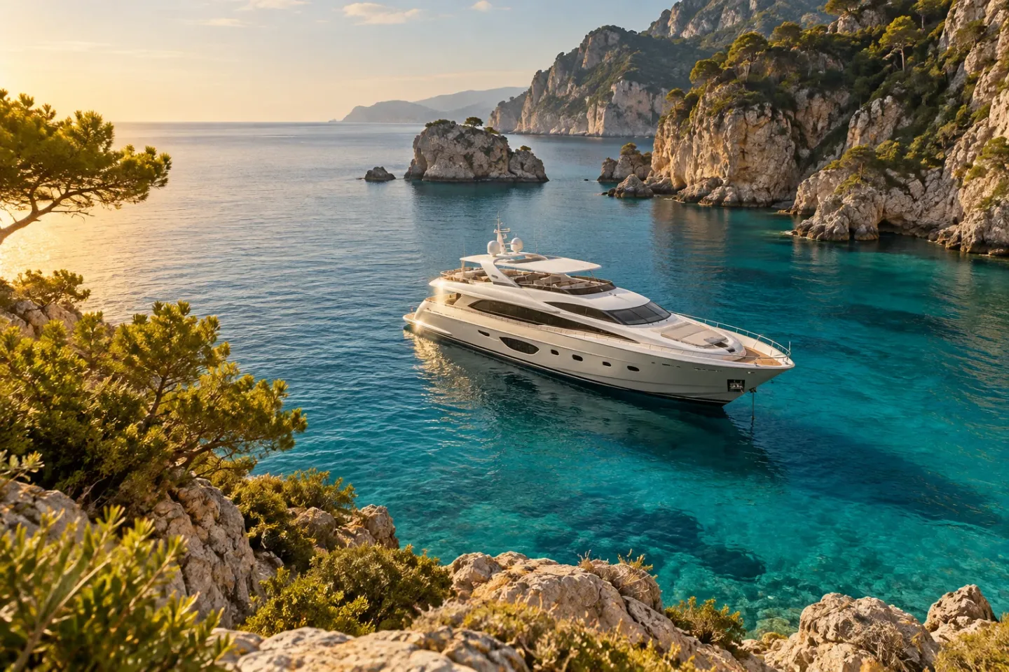 A private motor yacht anchored in a turquoise Mediterranean bay