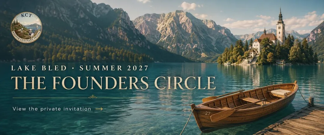 Lake Bled — the island church on the water and the mountains behind it, titled Lake Bled · Summer 2027, The Founders Circle