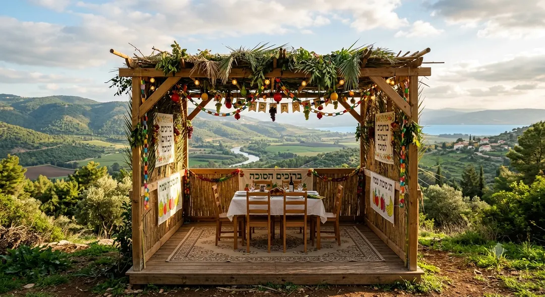 A built sukkah in a European courtyard, set for the evening meal